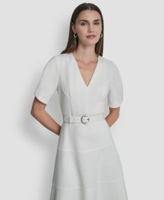 Women's Puff Short-Sleeve V-Neck Midi Dress