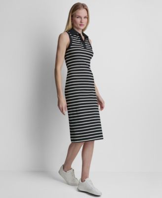 Women's Striped Sleeveless Collared Polo Midi Dress