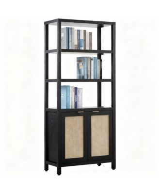 5-Tier Rattan Boho Bookcase with Doors for Home Storage