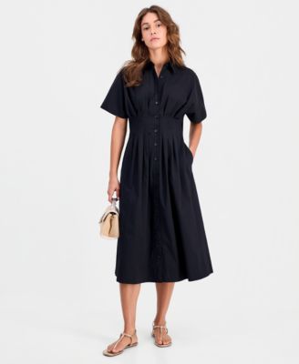Women's Pleated Waist Midi Shirtdress