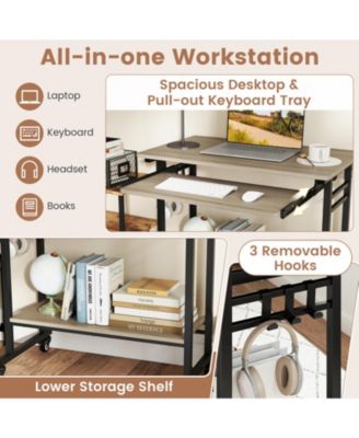Rolling Computer Table with Pull-out Keyboard Tray and Storage Hooks