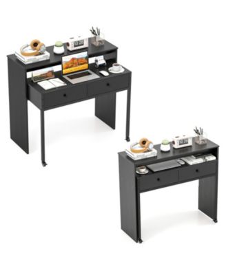 Extendable Convertible Computer Desk with 2 Drawers and Rolling Cart