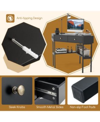 Triangle Corner Desk with Charging Station, 2 Drawers and Storage Shelf