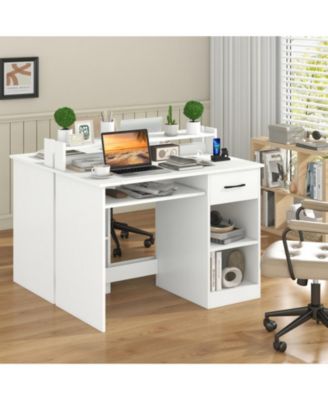 White Home Office Desk with Charging Station, Keyboard Tray and Adjustable Shelf