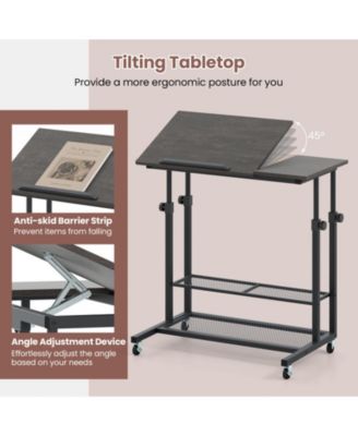 Mobile Height Adjustable Standing Table with Tilting Tabletop and Shelves