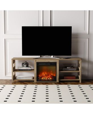Fireplace TV Stand for up to 75" TV with Storage Shelves, French Oak