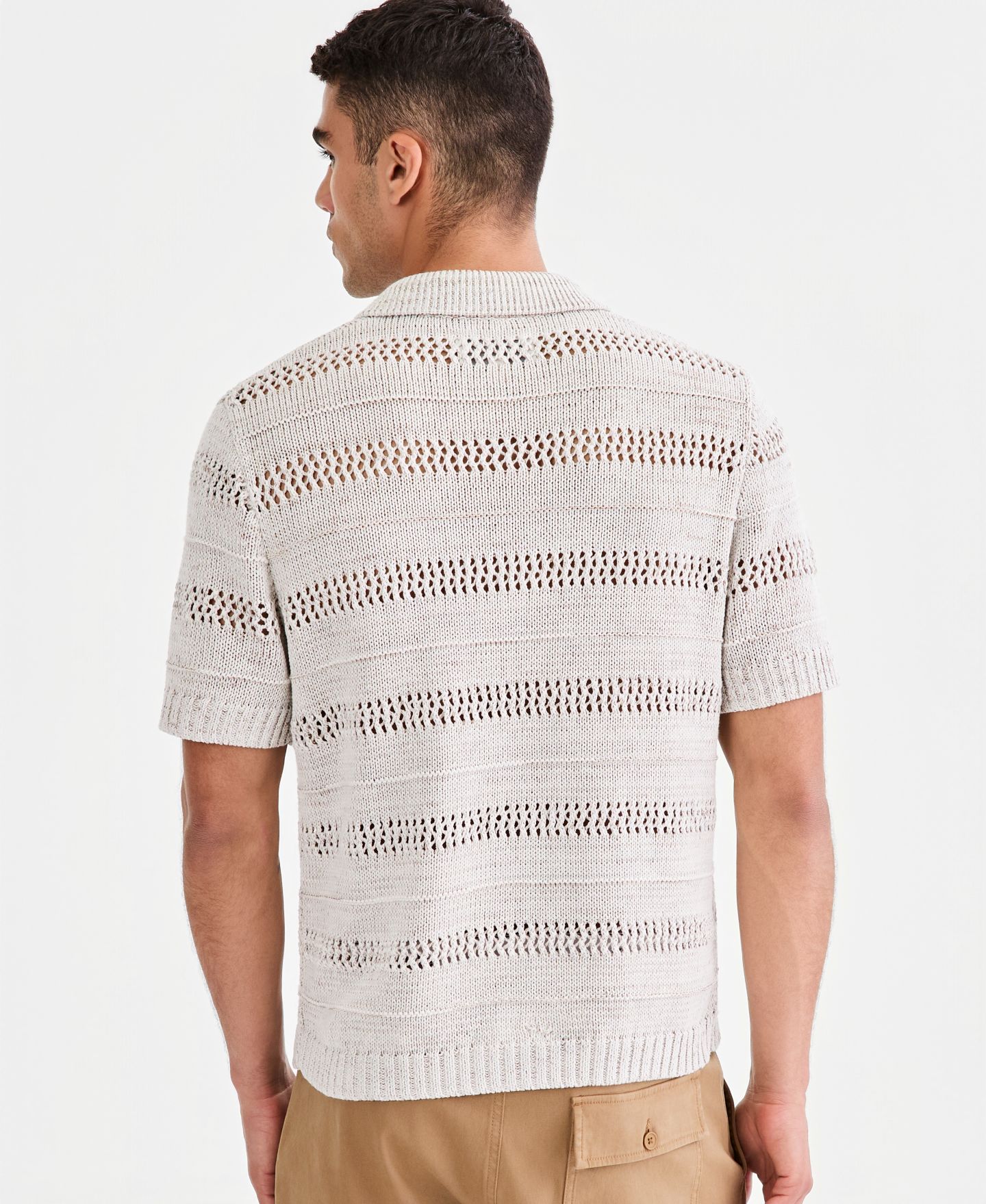 Мужской свитер Sun + Stone Striped Open-Stitch Button, цвет: Винтажный белый — фото 3