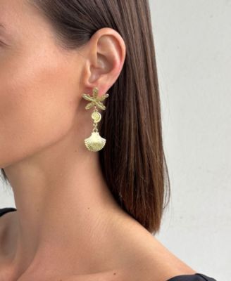 Gold Starfish and Shell Drop Earrings