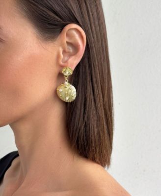Gold Pearl-Studded Shell Drop Earrings