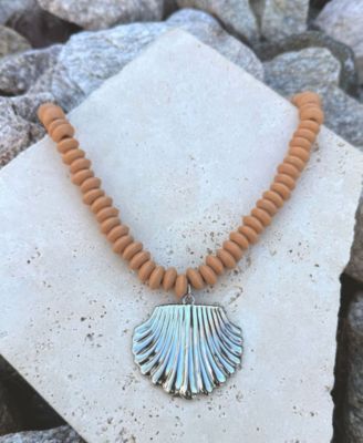 Silver Oversized Shell Charm on a Wood Beaded Magnetic Clasp Chain