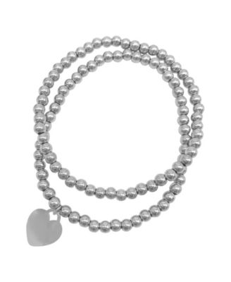 Silver 2-Piece Bead Heart Bracelet Set