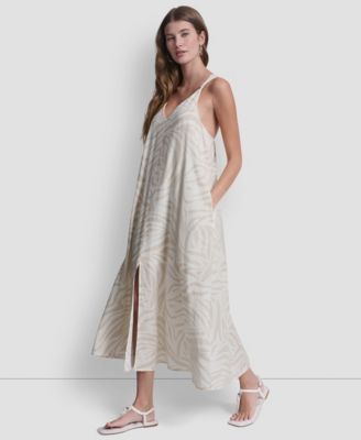 Women's Linen-Blend Knotted Strap V-Neck A-Line Dress