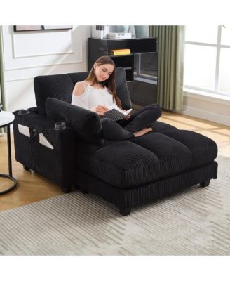 Deep Seat Corduroy Sleeper Chaise Lounge, Sofa Bed with USB Charging, Cup Holders, Side Storage Pockets and Pillow for Living Room