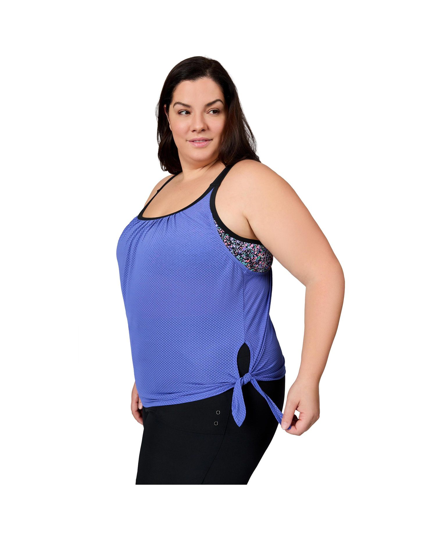 Plus Size Textured Mesh Side Tie Blouson Tankini Top