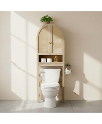 Over The Toilet Storage Cabinet Arched Rattan Doors Adjustable Shelves Space Saving Freestanding Bathroom Organizer