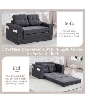Convertible Sofa Bed, Corduroy Loveseat Floor Couch with Cup Holders and Pillows, Multi-functional Fold Out Sofa Bed for Living Room