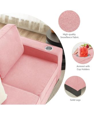 Modern 3-Seater Sofa Couch, 83.86" Snowfleece Fabric Sofa, Comfy Compressed Couch with 2 Cup Holders for Living Room, Office