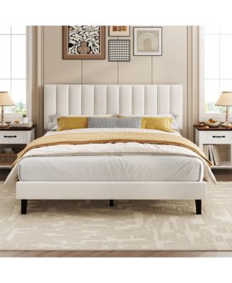 Platform Bed Frame and Velvet Upholstered Headboard with Adjustable Vertical Channel Tufted Headboard, No Box Spring Needed, Easy Assembly