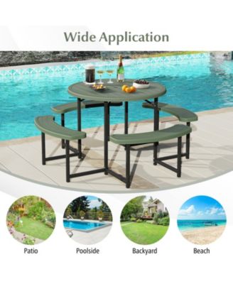 Round Picnic Table Bench Set with Four Benches and Umbrella Hole