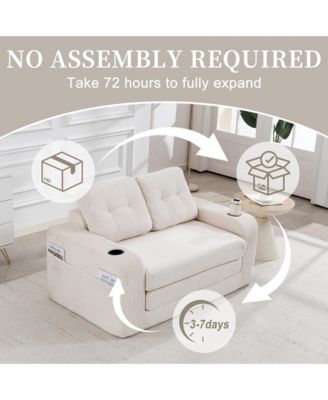 Convertible Sofa Bed - Boneless Loveseat Sofa, Fold Out Floor Couch with Cup Holder and Pillows, Corduroy Fabric for Living Room