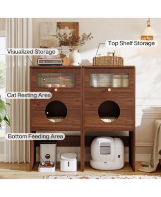 Hidden Cat Litter Box Enclosure with Storage, Frosted Door Cat House Furniture Cabinet