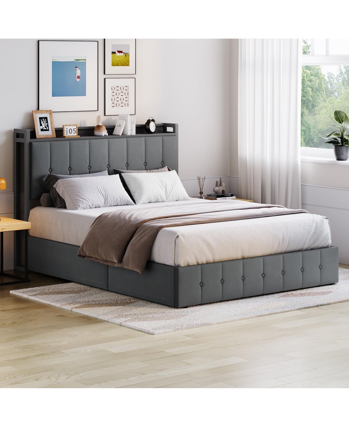 Homfan Lift Up Bed Frame, Upholstered Bed with Button Tufted Wingback Storage Headboard, Hydraulic Storage, No Box Spring Needed