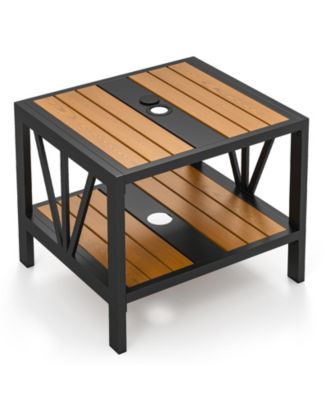 Outdoor Side Table with Umbrella Hole and Storage Shelf