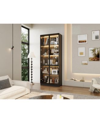 Display Cabinet with 4 Glass Doors and Lights, 5-Tier Storage Shelves,  Bookcases and Shelves