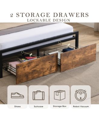 Queen Size Bed Frame with Storage Headboard, LED Lights and Charging Station, Platform Bed with 2 Drawers