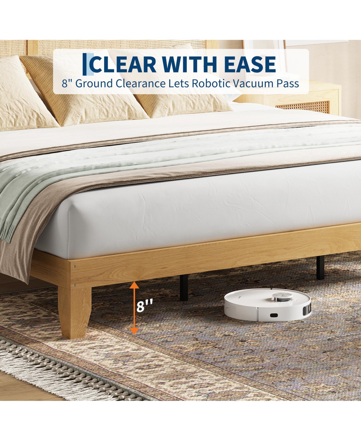 Homfan Bed Frame with Rattan Headboard, Platform Bed Frame with Led Lights