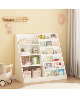 Kids Bookshelf and Toy Storage Organizer - 4 Tier Wooden Bookcase Display Stand for Nursery, Playroom and Classroom