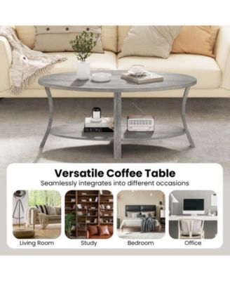44 in Oval 2-Tier Rubber Wood Coffee Table with Open Storage Shelf