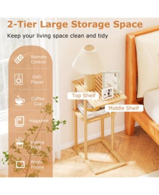 Set of 2 Bamboo Side Tables with 2-Tier Storage Shelves