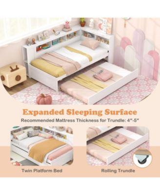 Twin Size Daybed Platform Bed Frame with Trundle and Bedside Shelves