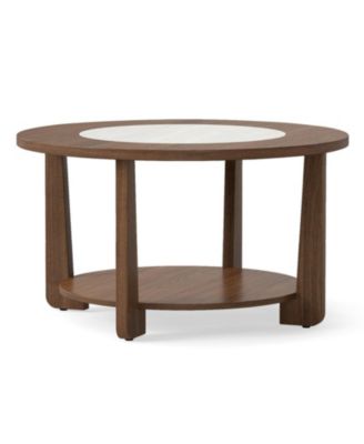 31.5 in Farmhouse Round Coffee Table with 2-Tone Top and Storage Shelf