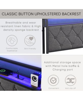Full Size Upholstered Bed Frame with Storage Headboard, LED Lights and Charging Station, Platform Bed
