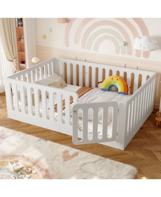 Low-Profile Full Size Floor Bed for Kids, Solid Wood Bed Frame with High Protective Fence and Door for Boys Girls, No Box Spring Required