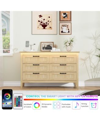 Farmhouse Drawer Dresser with Charging Station and LED Lights, Slim Wooden Bedroom Dresser