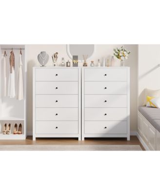 Modern 5 Drawer Wooden Dresser Chest, Tall Cabinet with Deep Storage Drawers, Metal Knobs