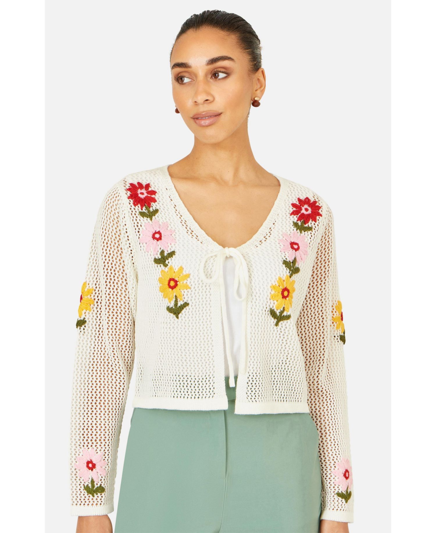 Women's Crochet Embroidered Flower Cardigan