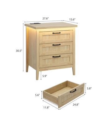 Farmhouse Drawer Dresser with Charging Station and LED Lights, Slim Wooden Bedroom Dresser