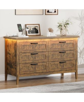 Farmhouse Drawer Dresser with Charging Station and LED Lights, Slim Wooden Bedroom Dresser