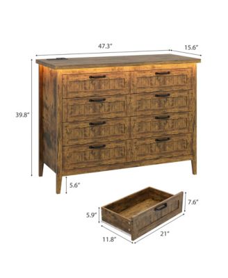 Farmhouse Drawer Dresser with Charging Station and LED Lights, Slim Wooden Bedroom Dresser