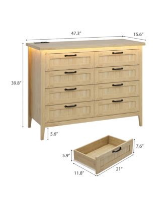 Farmhouse Drawer Dresser with Charging Station and LED Lights, Slim Wooden Bedroom Dresser