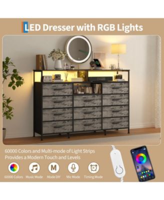 Dresser for Bedroom with 11 Drawers Featuring LED Light and Power Outlet, Fabric Dressers and Chest of Drawers