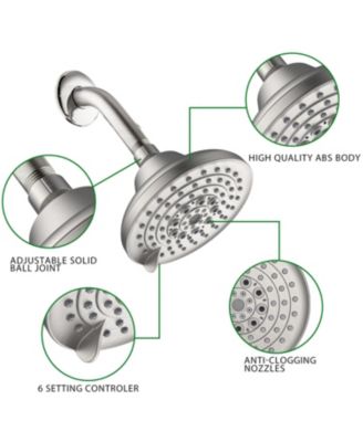 5 Inch Brushed Nickel High Pressure Fixed Shower Head 6 Spray Settings Rain Showerhead with Anti Clogging Nozzles Low Flow Easy Install