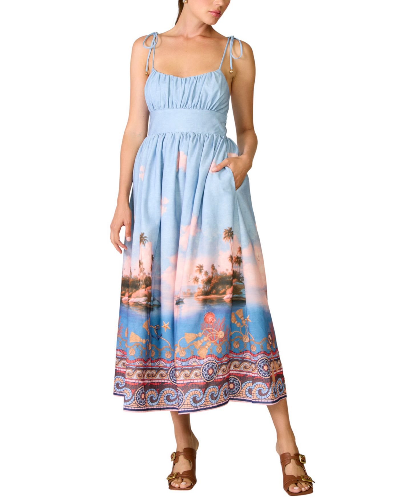 Женское платье Line & Dot Pernille Square Neck Sleeveless Printed Midi, цвет: Синий — фото 2