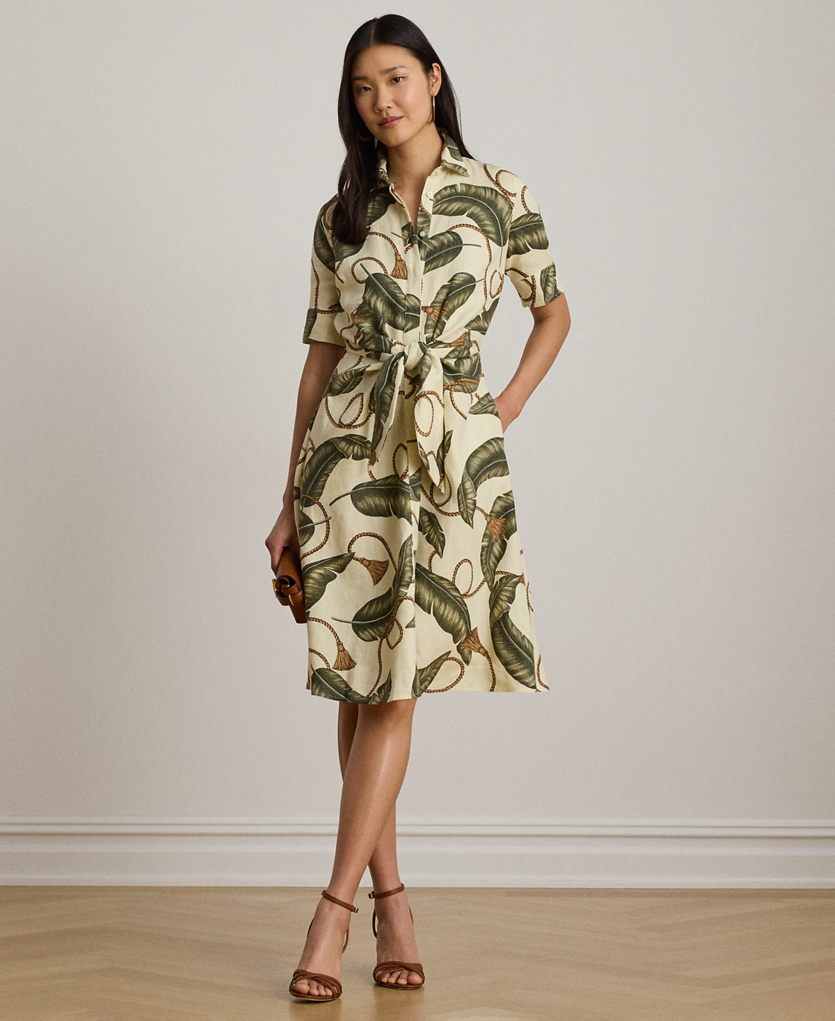 Lauren Ralph Petite Point Collar Rope-Print Tie-Front Shirt Dress