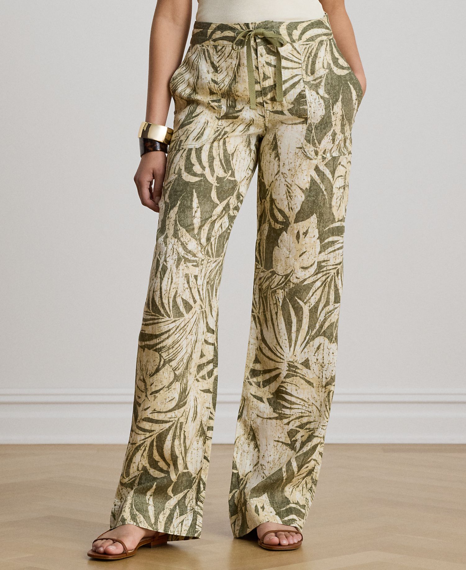 Women's Mid-Rise Palm-Frond-Print Wide-Leg Pants