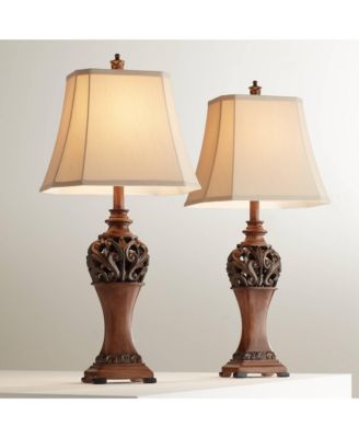 Exeter Traditional Table Lamps Tall Set of 2 Bronze Wood Carved Leaf with Table Top Dimmers Rectangular Shade for Living Room
